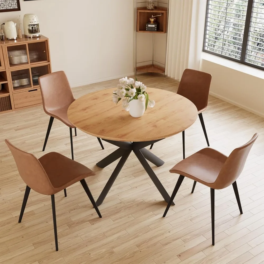 

43.2"-59.1" Extendable Round Dining Table Set - Mid Century Modern Wooden Table with 4 PU Leather Chairs - Leisure Oak Coffee Ta