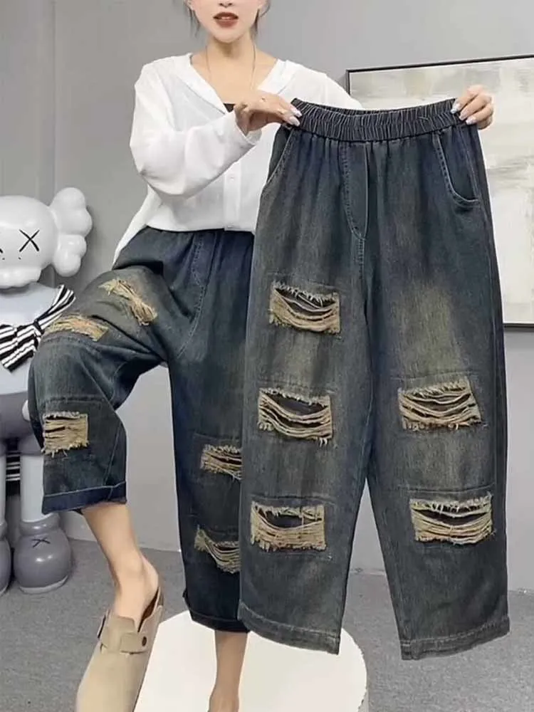 Spring American Women's Jeans Denim Straight Leg Loose Oversized Casual Wide Leg Pants Vintage Summer Broken Hole Design