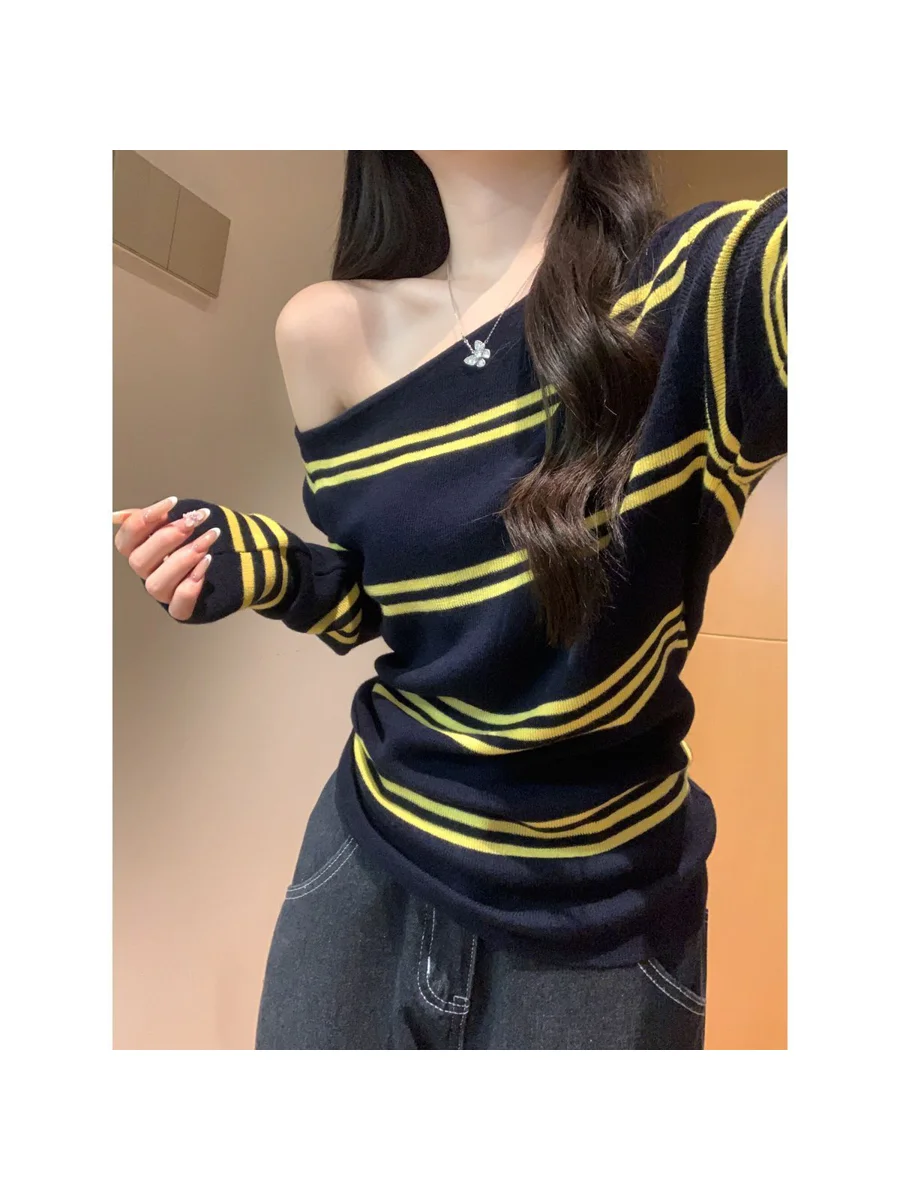 Miu Style Loose Fit Long Sleeve Knitted Shoulder Bared Striped Top Women's Autumn Winter Casual Inner Wear Base Shirt
