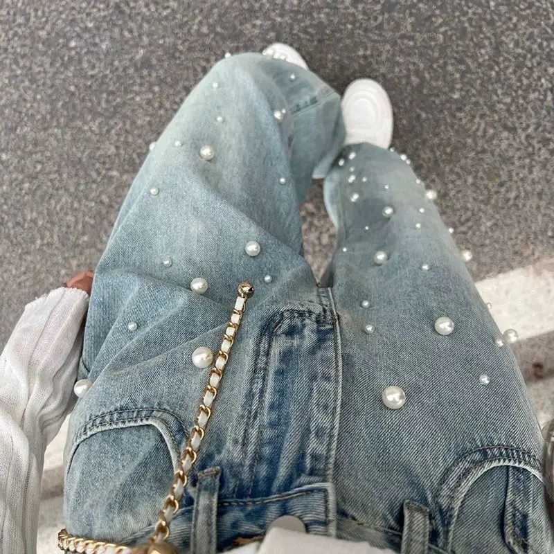 Summer 2023 Faion Pearl Design Loose Wide Leg Jeans Women's High Waist Long Pants Sli Trendy plus Size Versatile Denim