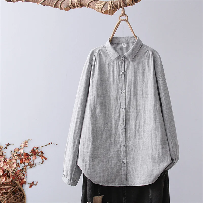 

2025 Spring Summer Vintage Houndstooth Shirts Women Double Cotton Yarn Long Sleeve Blouses Casual Tops Female Comfy Loose Shirts