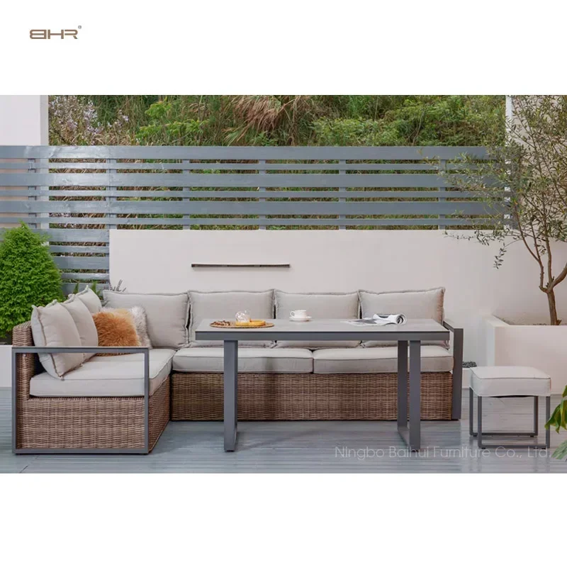 Patio Furniture Set Rattan Sofa Outdoor Furniture with HPL Top Dining Table