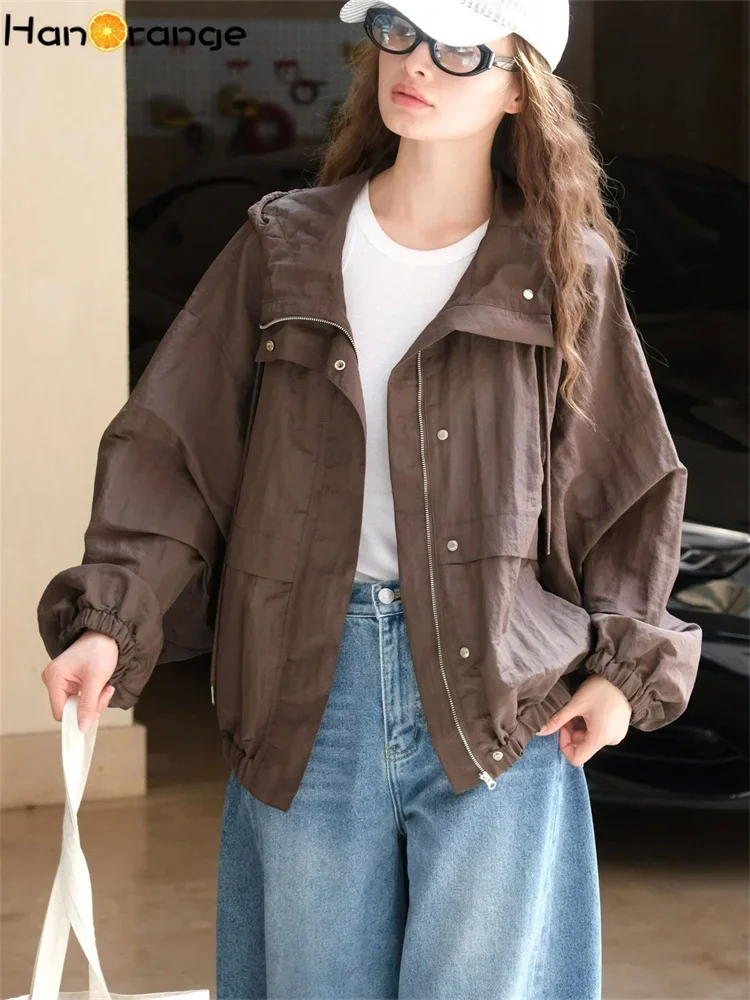 

HanOrange 2024 Autumn Outdoor Sports Hooded Jacket Women Comfortable Loose Silhouette Casual Thin Nylon Jacket Grey/Coffee