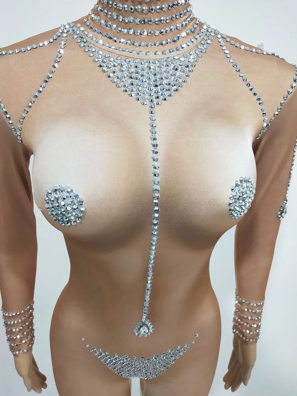 Sexy Nightclub DJ Gogo Pole Dance Crystal Leotard Stage Wear Women Nude Rhinestones Long Sleeve Tight Jumpsuit Show Costume