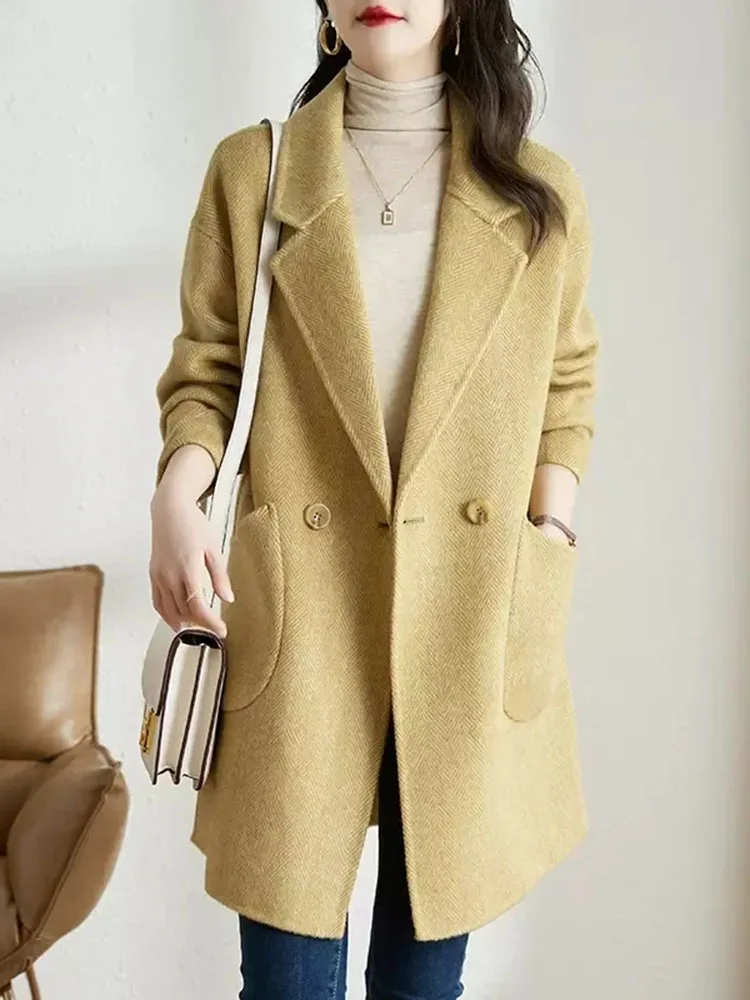 Elegant Lapel Loose Woolen Jackets Tops Women Casual Long Sleeve Wool Blend Coats Blusas Korean Fashion Solid Mid Length Abrigos