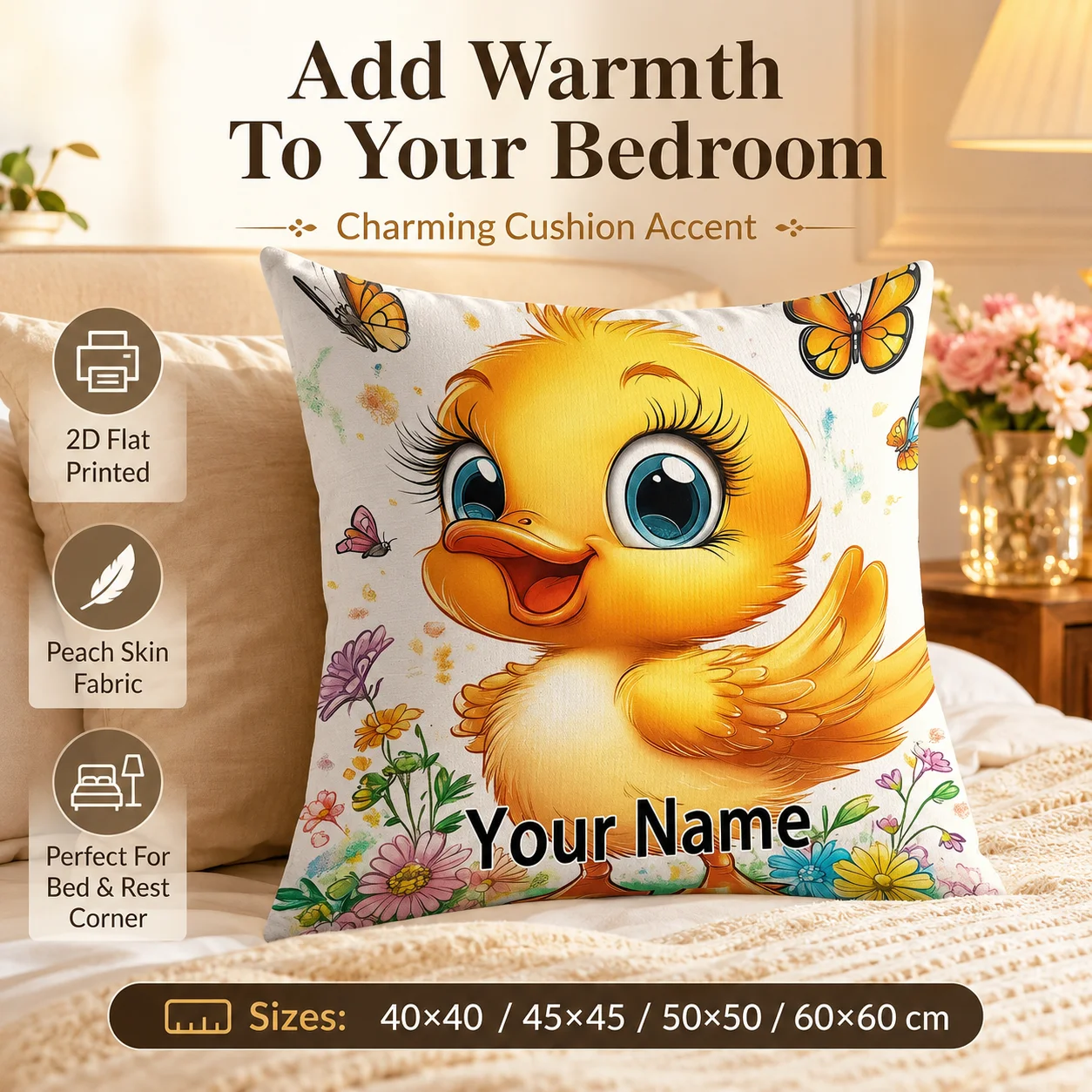 

Cute Yellow Duck Peach Skin Pillowcase 2D Flat Printed Cartoon Animal Cushion Cover Bedroom Sofa Bed Decor Floral Pillow Cover