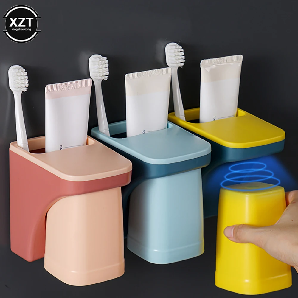 Wall Mount Magnetic Bathroom Gargle Toothbrush Cup Holder Anti-dust Draining Mug Bathroom Cup Lover Family Set Toothbrushing Cup