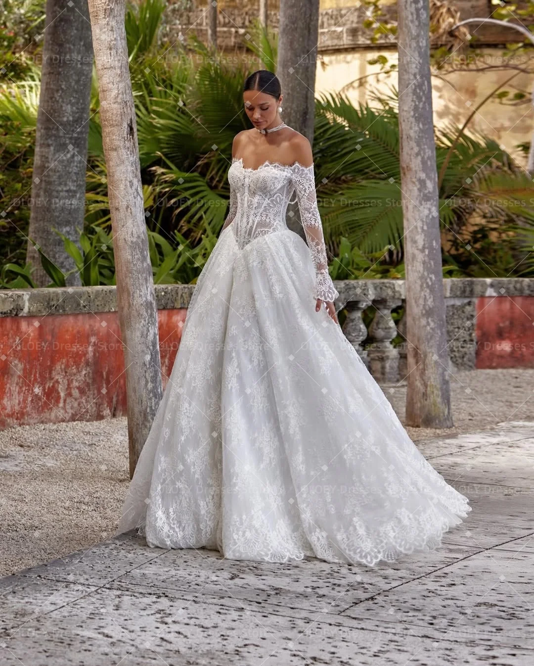OLOEY 2026 New Arrivals Off The Shoulder Long Sleeve Sweetheart Neck Lace A-Line Bridal Gown Wedding Dress Vestido De Novia