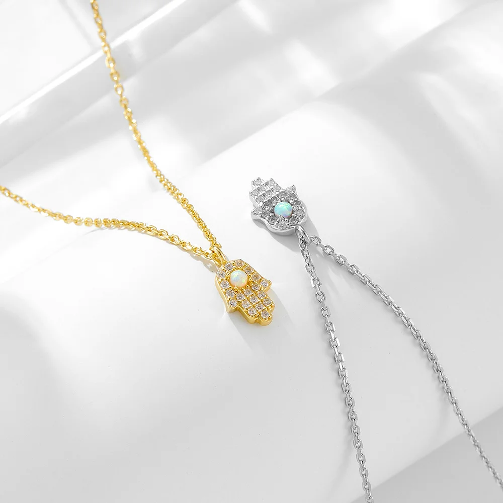 

European-American S925 Sterling Silver Necklace for Women, Fatima Hand with Zircon & Opal, Niche INS Style Mini Collarbone Chain