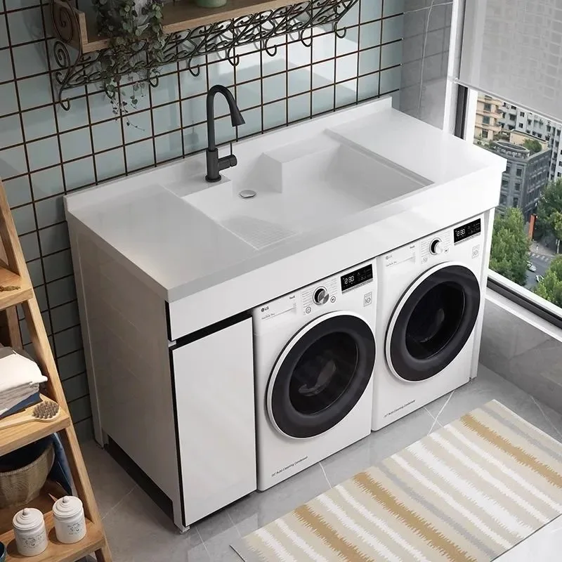 Washing Machine Cabinet,Aluminum Integrated Countertop Basin Set,Balcony Sink with Mirror,Household Wash Basin