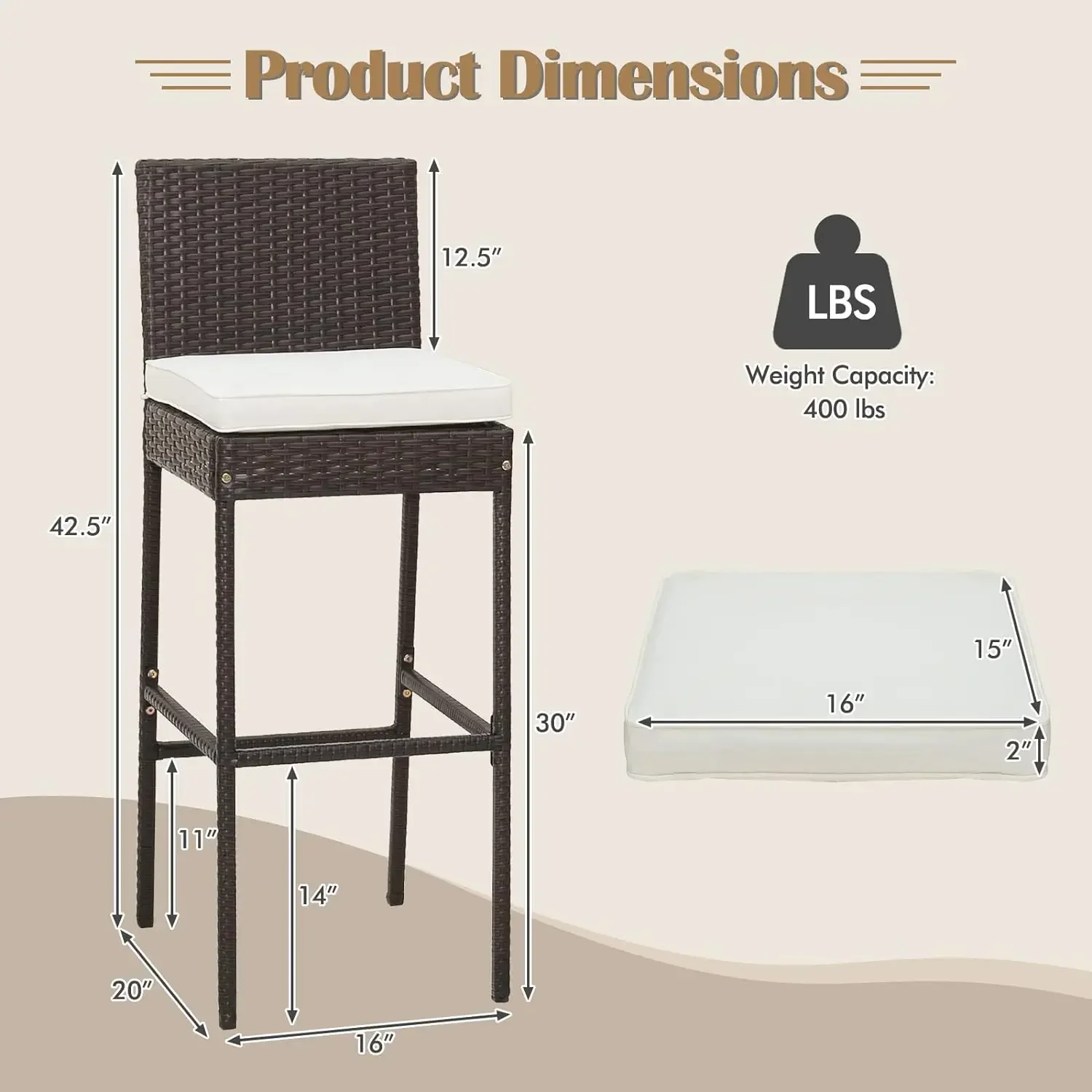 Juego de taburetes de mimbre para Patio, silla de altura de Bar al aire libre con cojín de asiento suave y reposapiés acogedor, marco de Metal resistente, para Patio trasero, 1/2