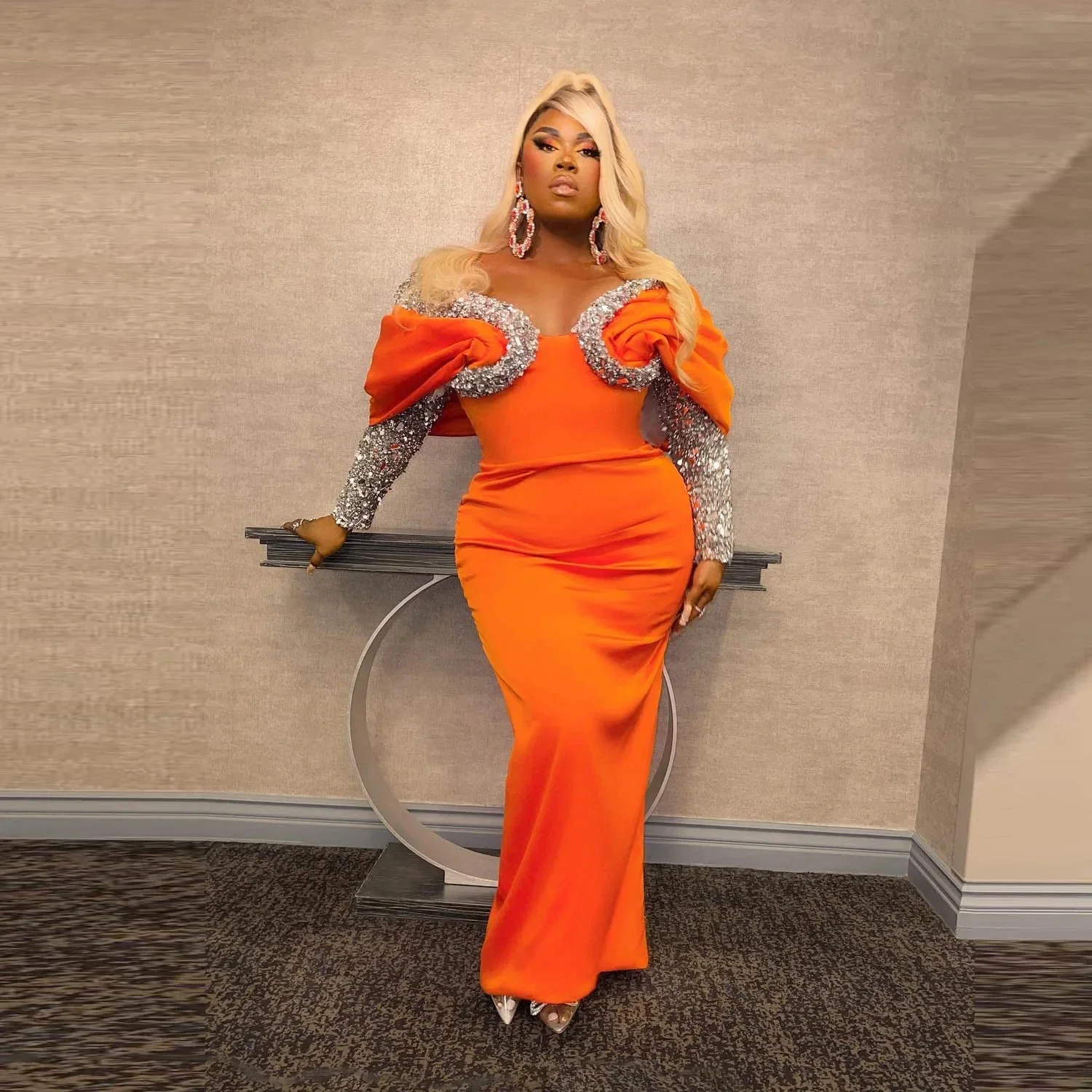 

Elegant Orange Sparkling Mermaid Evening Dress Special Occasion Dress Long Sleeve Ball Dress Plus Size Evening Dress Custom