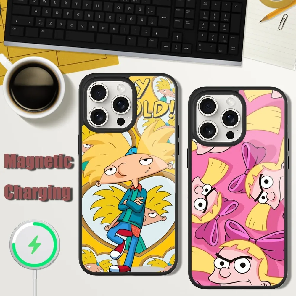 

Cartoon H-Hey A-Arnold Phone Case For iPhone 13 15 11 12 14 Plus Pro Max Glass Charging Magsafe Magnetic Cover