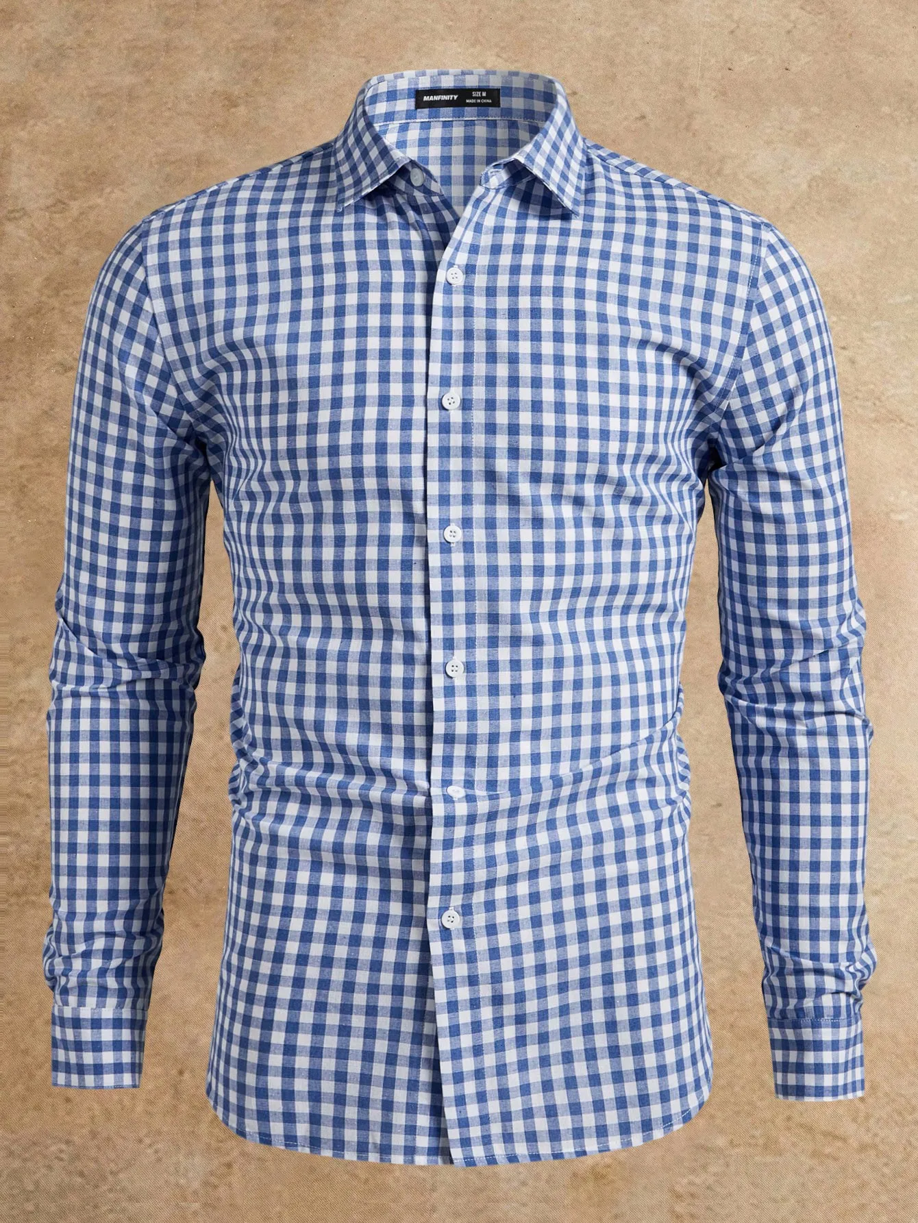 

Men's Blue and White Gingham Woven Shirt, Long Sleeve, Casual Fit