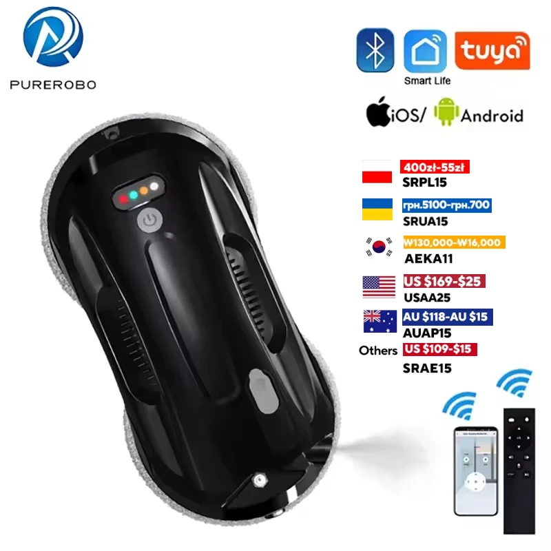 

Purerobo W-R4S Ultra Thin Glass cleaning robot with APP&Remote Smart Automatic Water Spray Cleaning Glass Vacuum Cleaner Robot