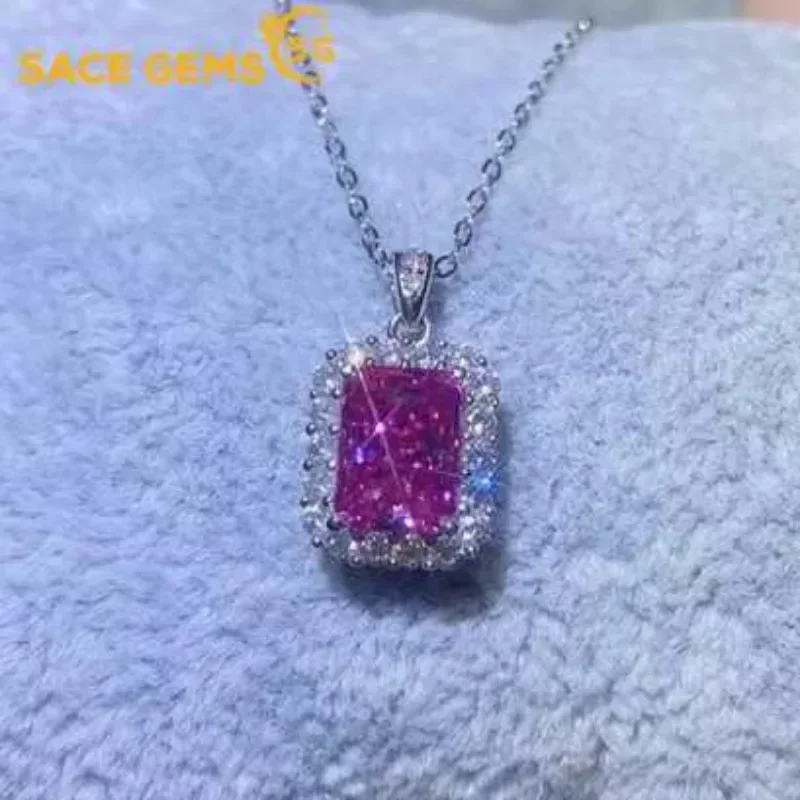 

SACE GEMS D VVS1 6x8mm 2ct Pink Moissanite Pendant Necklaces for Women Sparkling Wedding Jewelry GRA S925 Sliver Necklace