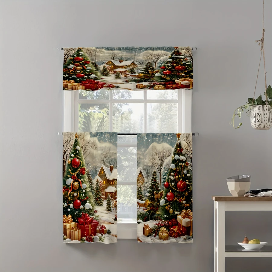  Winter Wonderland Christmas Kitchen Curtain, Snowy House Holiday Decor Rod Pocket Curtains for Kitchen Window