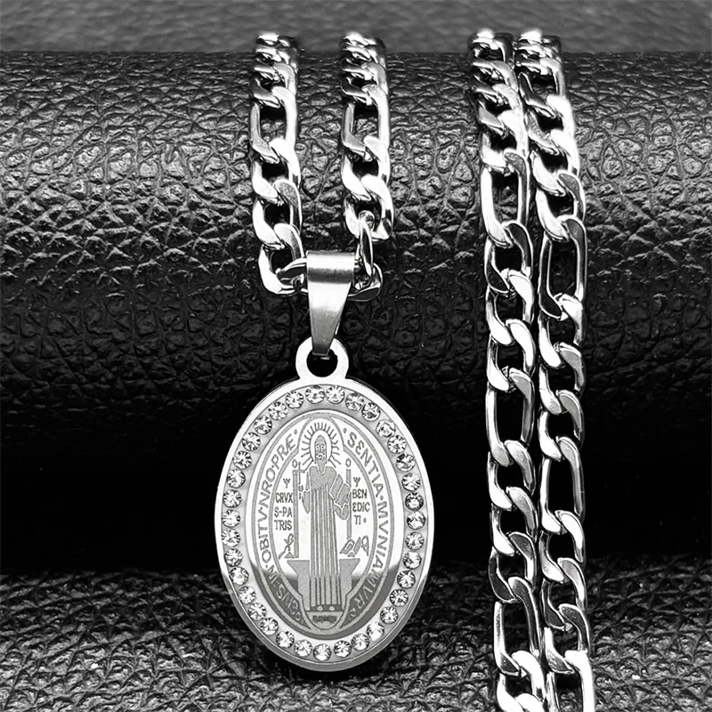 

Catholic Saint Benedict Pendant Necklaces for Women Men Gold Silver Color Stainless Steel Rhinestone Saint Benito Chain Jewelry