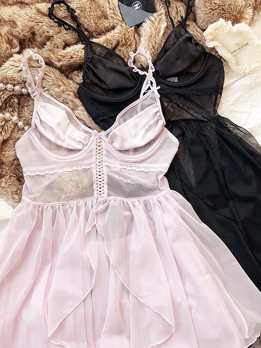Sexy mesh satin backless nightgown soft steel ring top bra women lingerie suspenders short dress with thongs