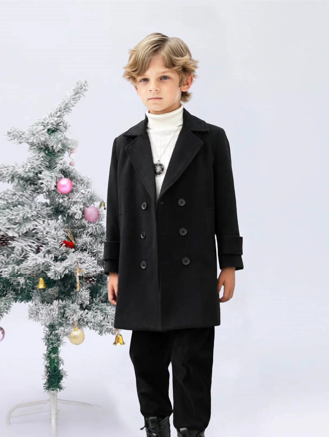 

Boys Girls Windproof Outdoor Long Jacket Children Photography Woolen Coat 3-15Y Kids Formal Black Christmas Winter Wool Coat