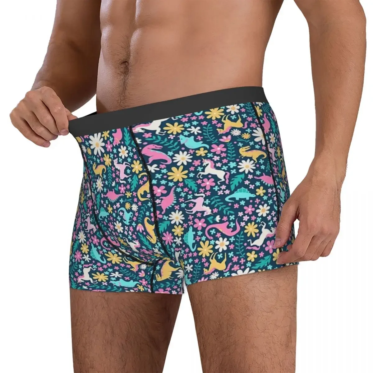 Boxer Underpants Shorts Floral Burst Of Dinosaurs And Unicorns In Neon Panties Men's Breathable Underwear for Homme Man