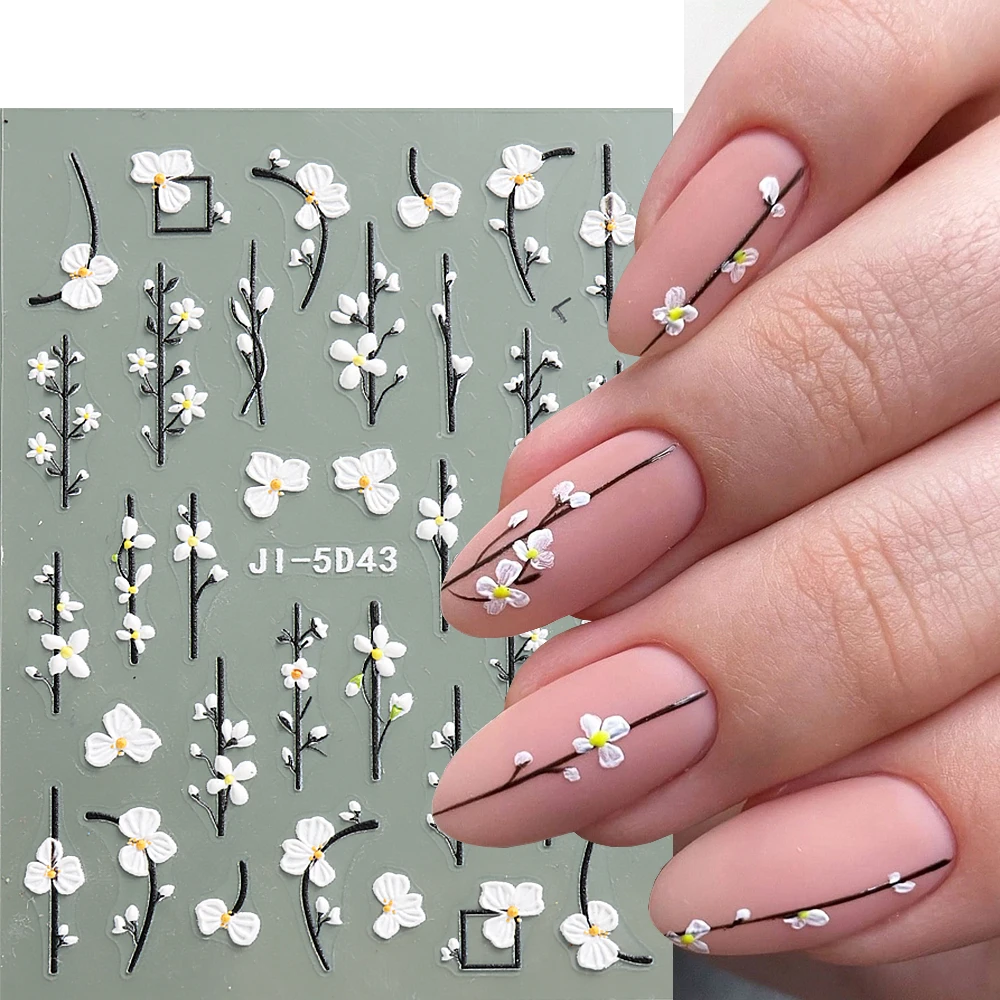 5D Flowers Nail Stickers Embossed Decals Simple Acrylic White Petal Golden Stripe Lines Art Manicure Decoration LEBJI-5D43