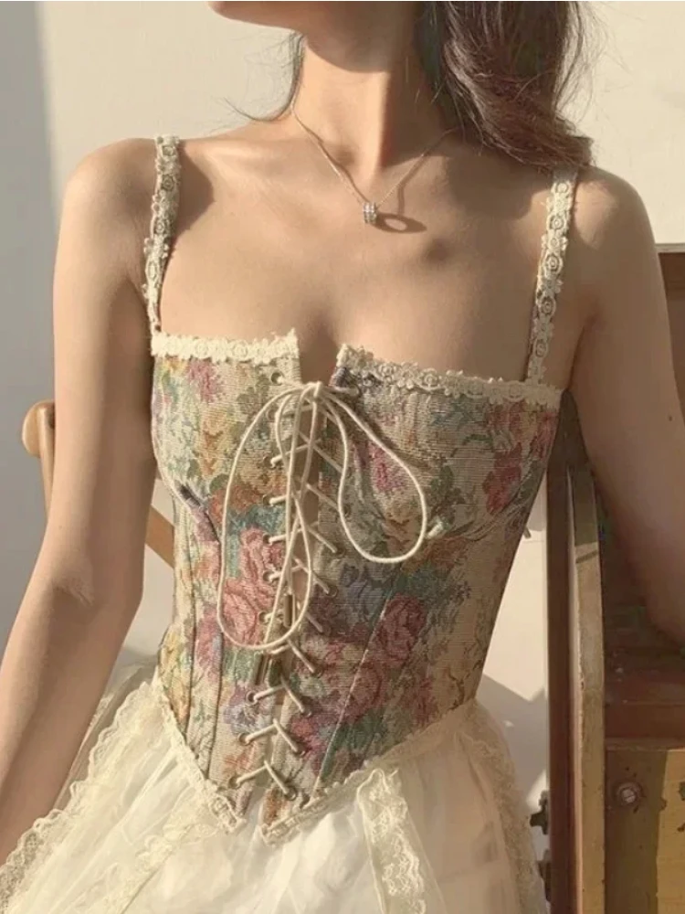 Summer Floral Embroidery Halter Tops Women Print Backless Sexy Vintage Camis Beach Party Korean Chic Casual High Street Clothing