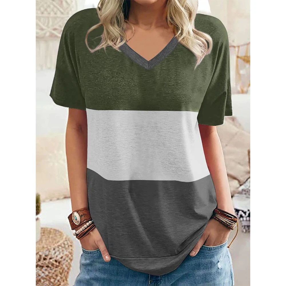 Women\'s T-shirt Simple Fashion V-neck Short Sleeve Stripe Print T Shirt For Ladies Harajuku Loose Clothing Female Pullover Tops