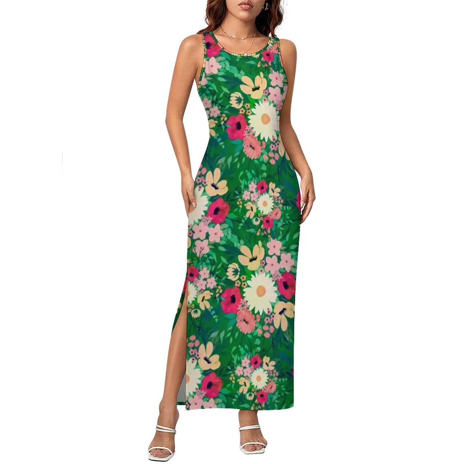 Watercolor Daisy Print Dress Sleeveless Colorful Floral Retro Maxi Dresses Summer Korean Fashion Graphic Bodycon Dress Big Size