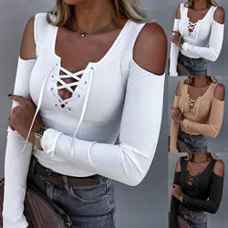 Women Fashion Knit Blouse Sexy Cross Bandage Off Shoulder Long Sleeve Low-cut Top Elegant Female V Neck Slim Shirts Hollow Blusa