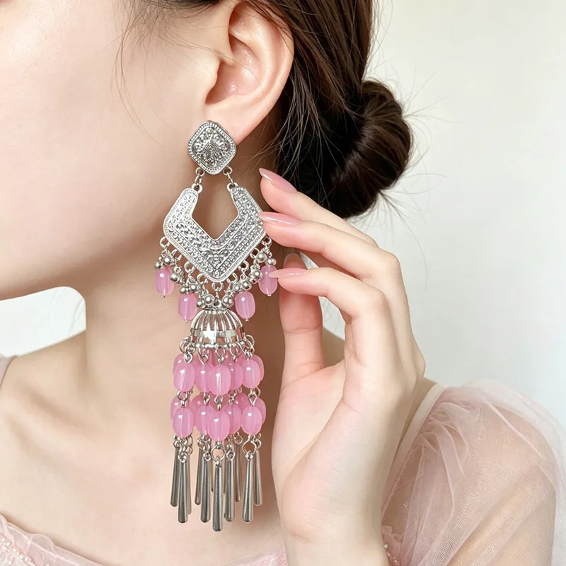 Geometric Diamond Hollow Charm Earrings Pink Translucent Bead Cluster Bell Hanging Metal Tube Tassel Exotic Folk Style Jewelry