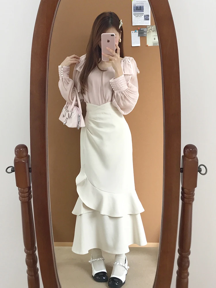 

Elegant Knot Long Sleeve Shirt Women's High Waist Slim Fish Tail Long Skirt Two Piece Set Autumn Fashion Ladies' Ou...