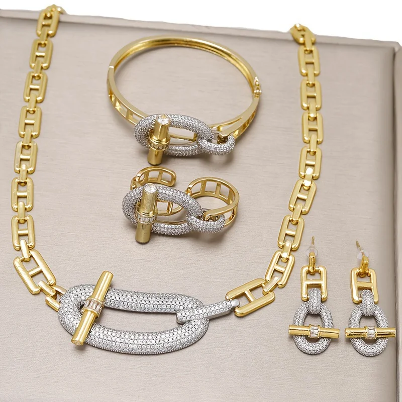 

18k Gold Plated Copper Zircon Luxury Court Style Stud Chain Necklace Bracelet Ring Earring For Women Party Banquet Jewelry Set