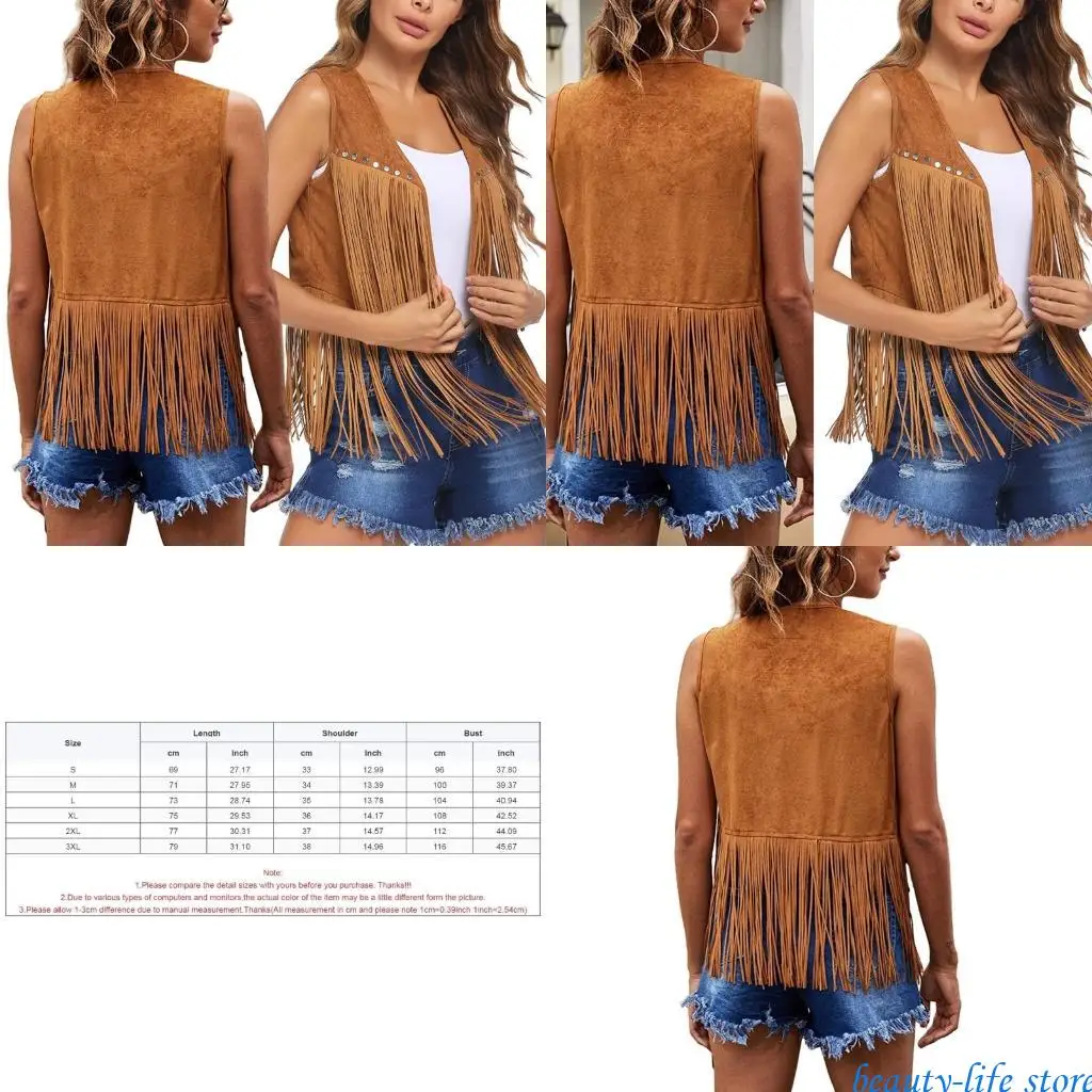 

Women's Tassels Sleeveless Vest 70s Hippie Faux Suedes Fringe Jackets Cardigan Summer Hollow Waistcoat Outwear Tops 517D