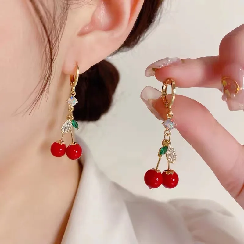 Fashion Red Cherry Cute Crystal Glass Rhinestones Hoop Earrings Jewelry For Wonem Girls Gift