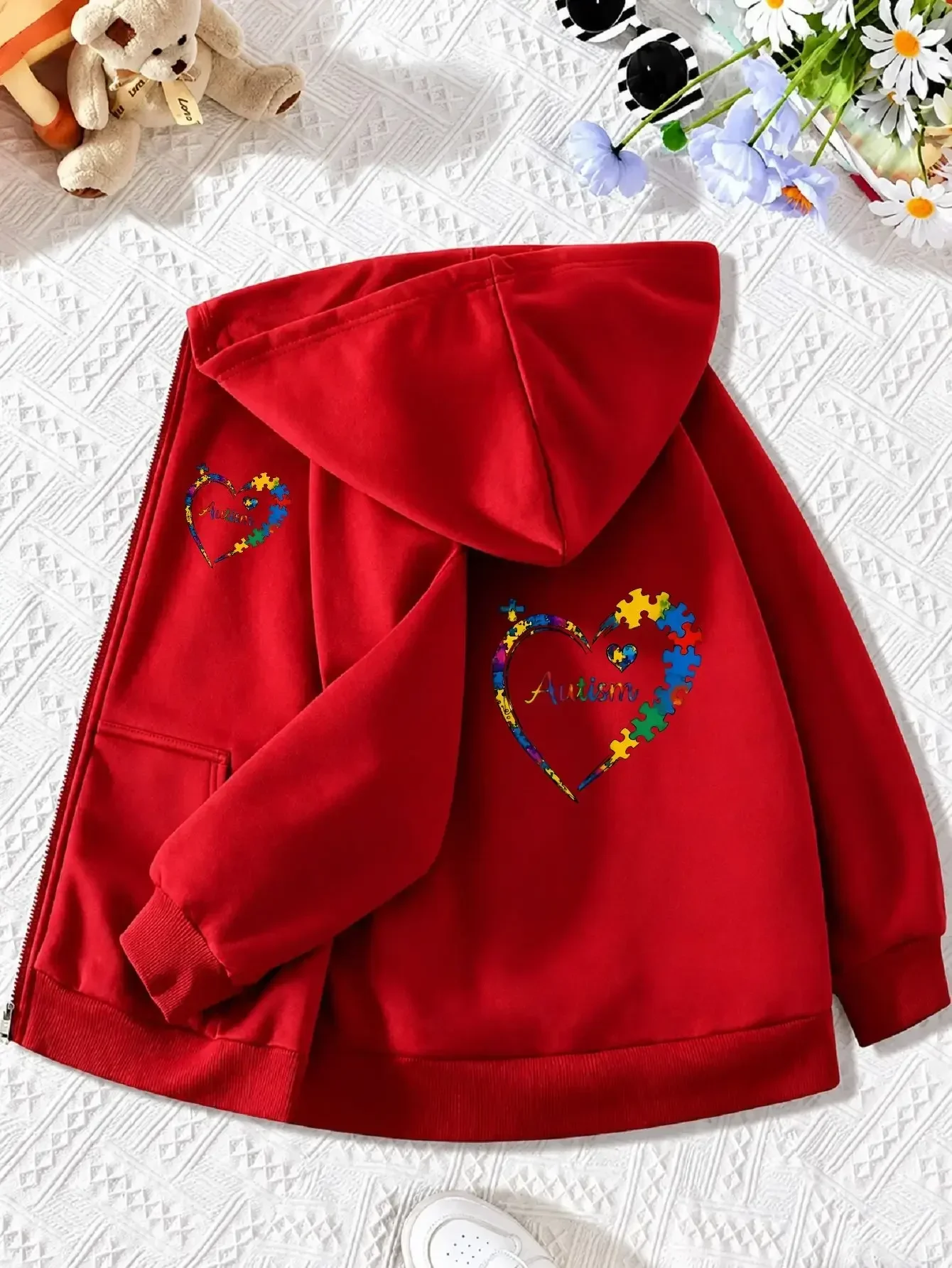 Kids Boys Girls Color Jigsaw Heart Autism Text Zip Hooded Coat Loose Long Sleeve Outdoor Fashion Daily Outer Top