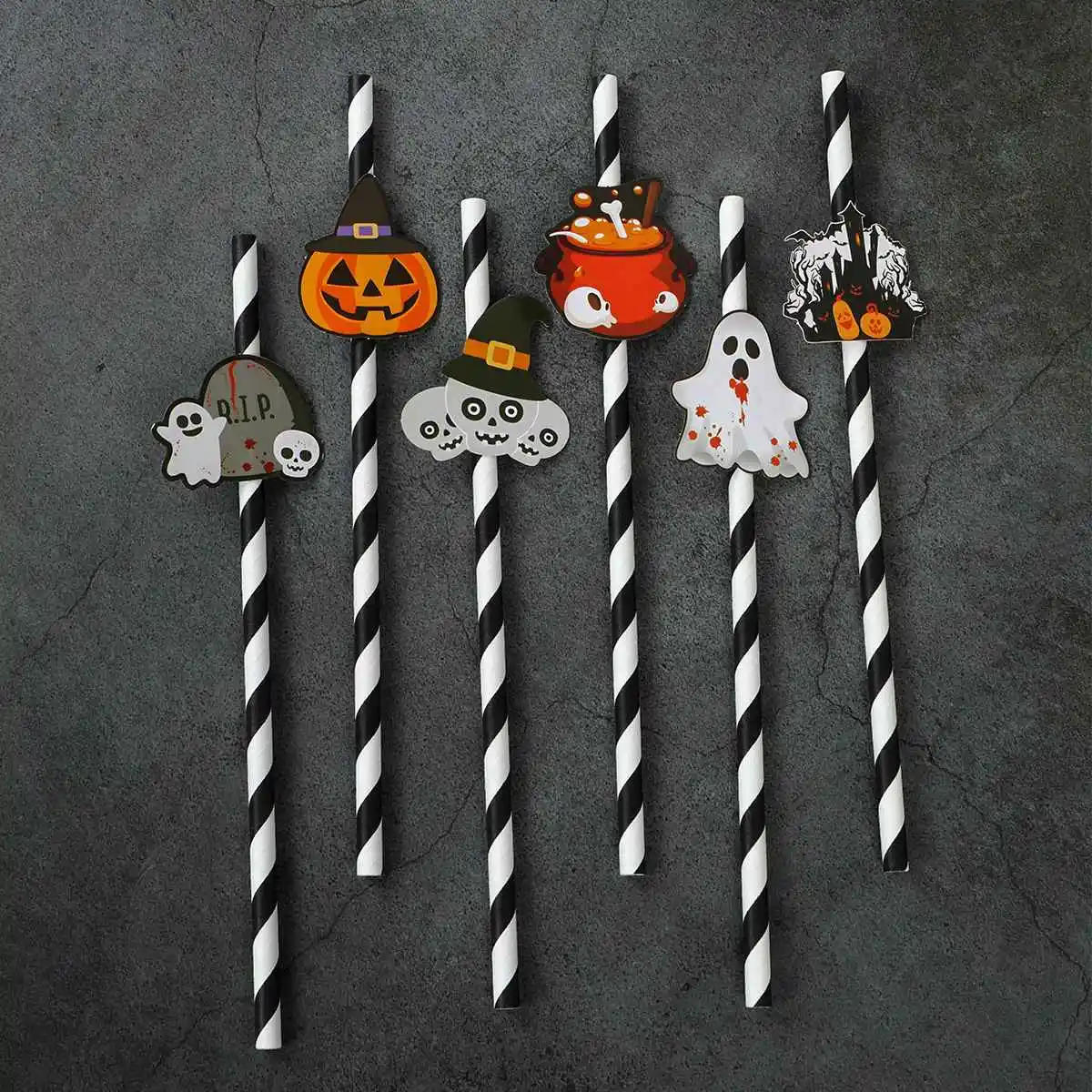 25Pcs Halloween Cartoon Disposable Straws Spider Bat Ghost Pumpkin Card Paper Straws Halloween Party Decorations Juice Straws