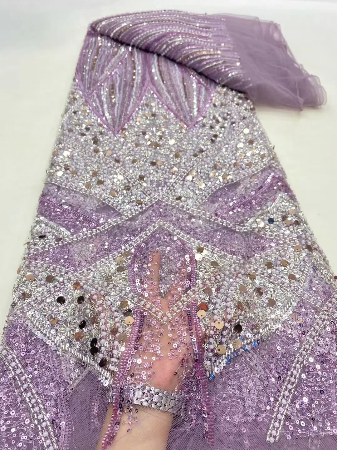 

2025 African Nigerian Sequins Embroidery High-Quality Sewing Beads Stone for Prom Tulle Lace Fabric Dresses 5Yards DP0452