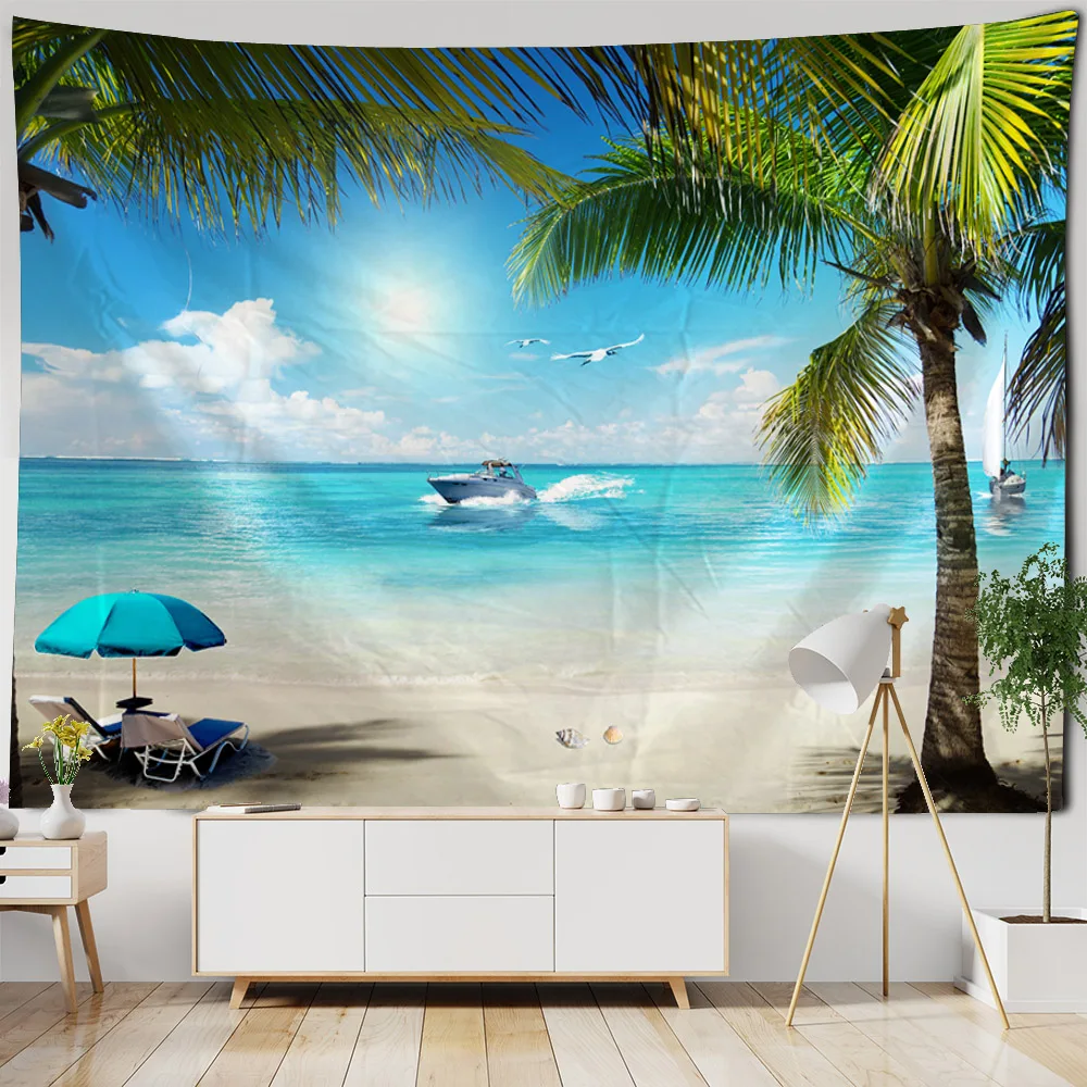 Sea view tapestry, fabric background wall decoration, polyester fabric, hippie home decoration, bed sheets, wallpaper sofa cover