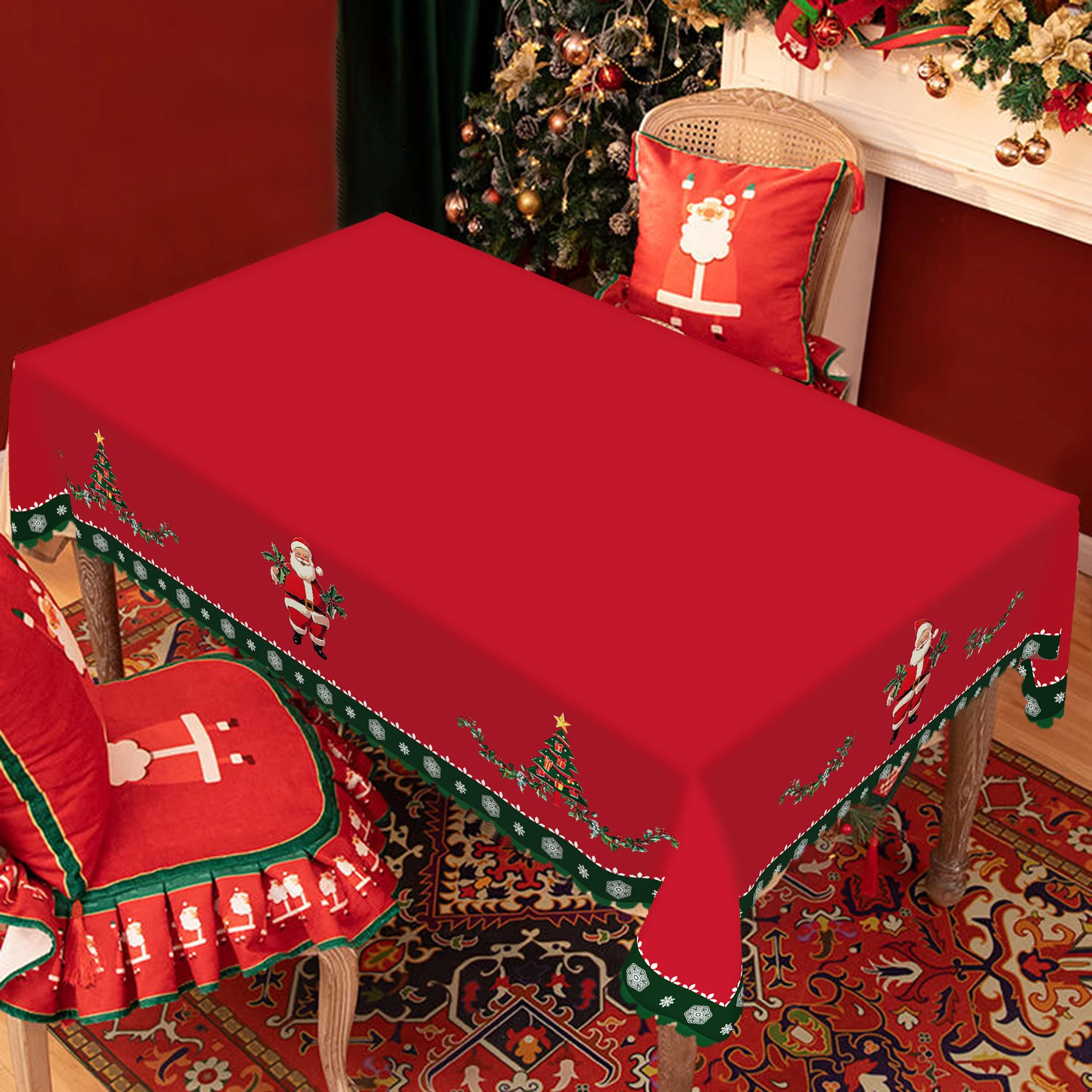 1 Piece Christmas Round and Square Tablecloth, Various Sizes, Cute Santa Claus and Snowflake Green Tablecloth Holly Berry Pattern Design Tablecloth for Daily Home Kitchen, Terrace Use, Gifts