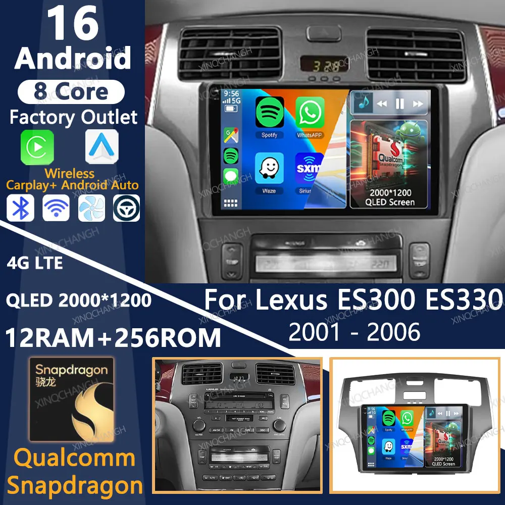 Android 16 Car Radio For Lexus ES300 ES330 XV30 ES250 2001 - 2006 Qualcomm Multimedia Stereo Video Player QLED 2DIN Carplay Auto