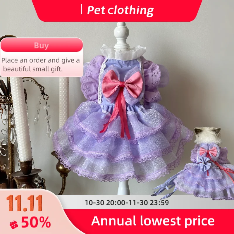 

Pet clothes dress with pink bow lace trim fluffy cats small breed dogs Yorkshire Bichon festive Costume for cat royal lace gown