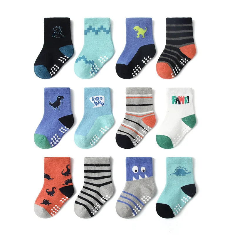 12 paia/lotto calzini per bambini alla moda Grip Crew Socks con suole antiscivolo/antiscivolo per neonati Toddlers Kids Boys Girls 0-7y