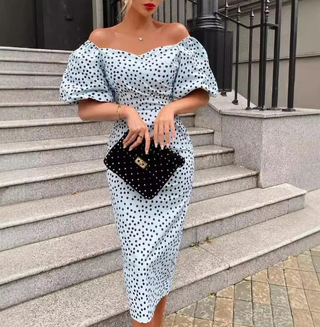 Summer Dresses Off Shoulder Bubble Sleeve Polka Dot Dress Sexy Hip Hugging Waist Cinching Dress Elegant Dresses for Women