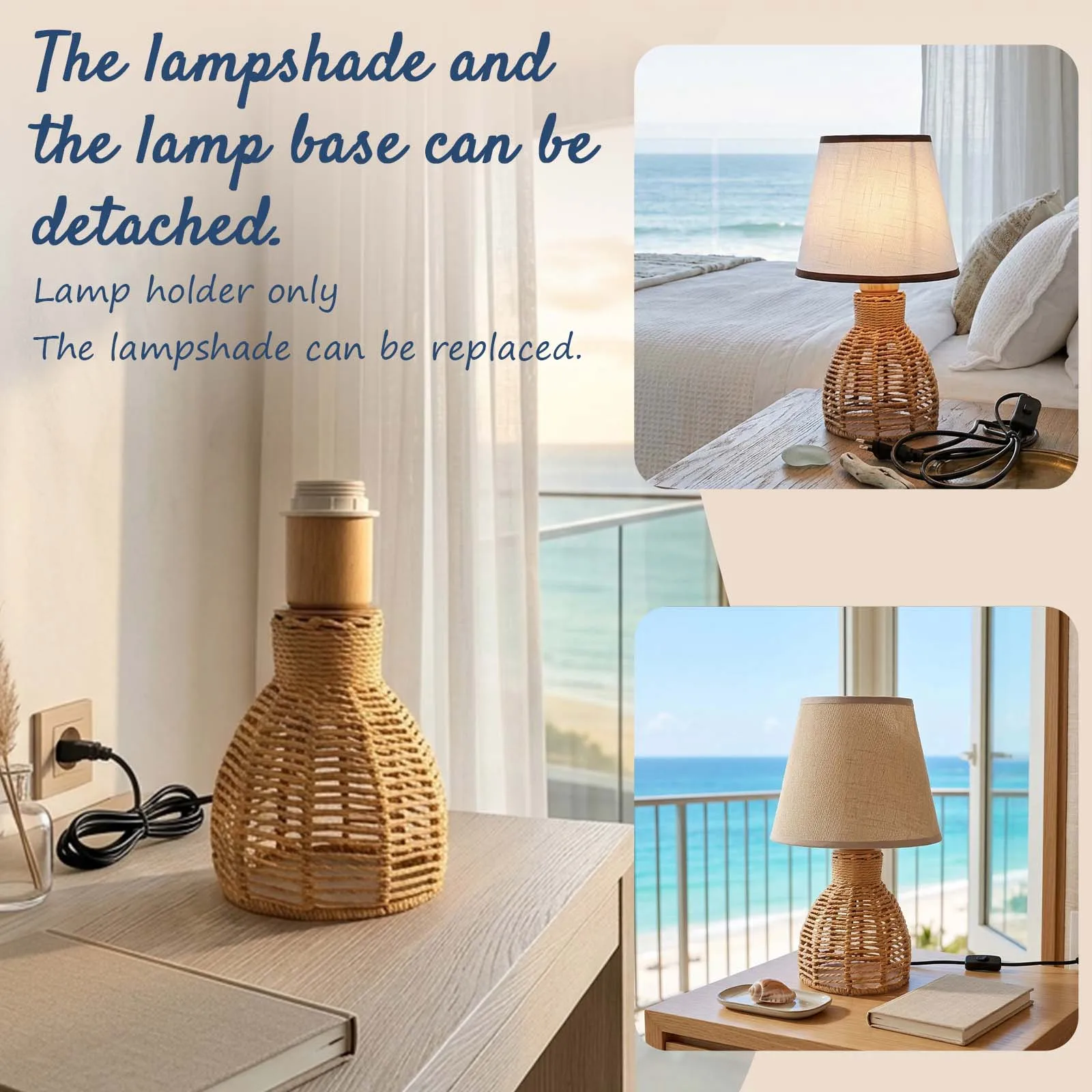 Beach Woven Rope Lamp, Gourd Base Cone Shade for Bedroom Living Room Decor