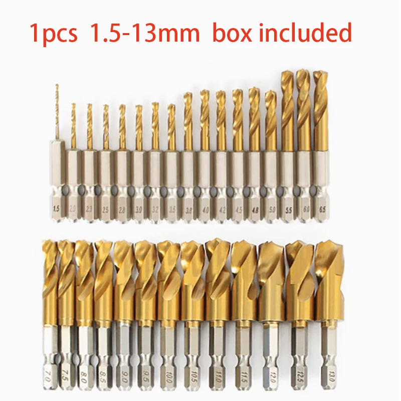 1Pcs HSS High Speed Steel Titanium Coated Drill Bit Set 1/4 Hex Shank 1.5mm 2mm 3mm 4mm 5mm-13mm Hexagonal Handle Twist Drill