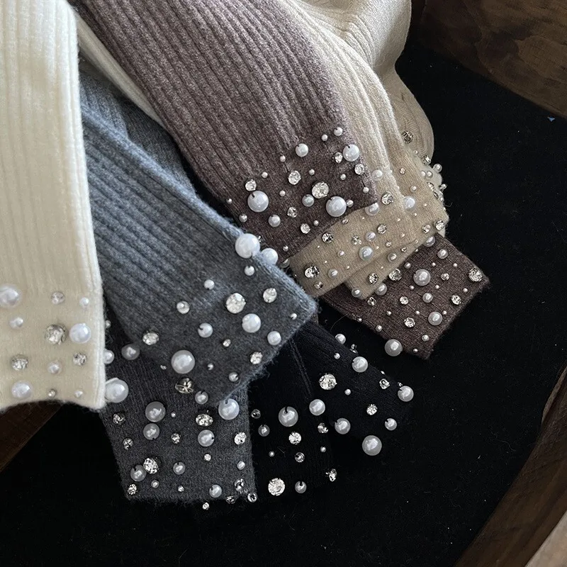 Elegant Handmade Sequined Pearl Fashion Middle Tube Socks Women Striped Solid Color Socks