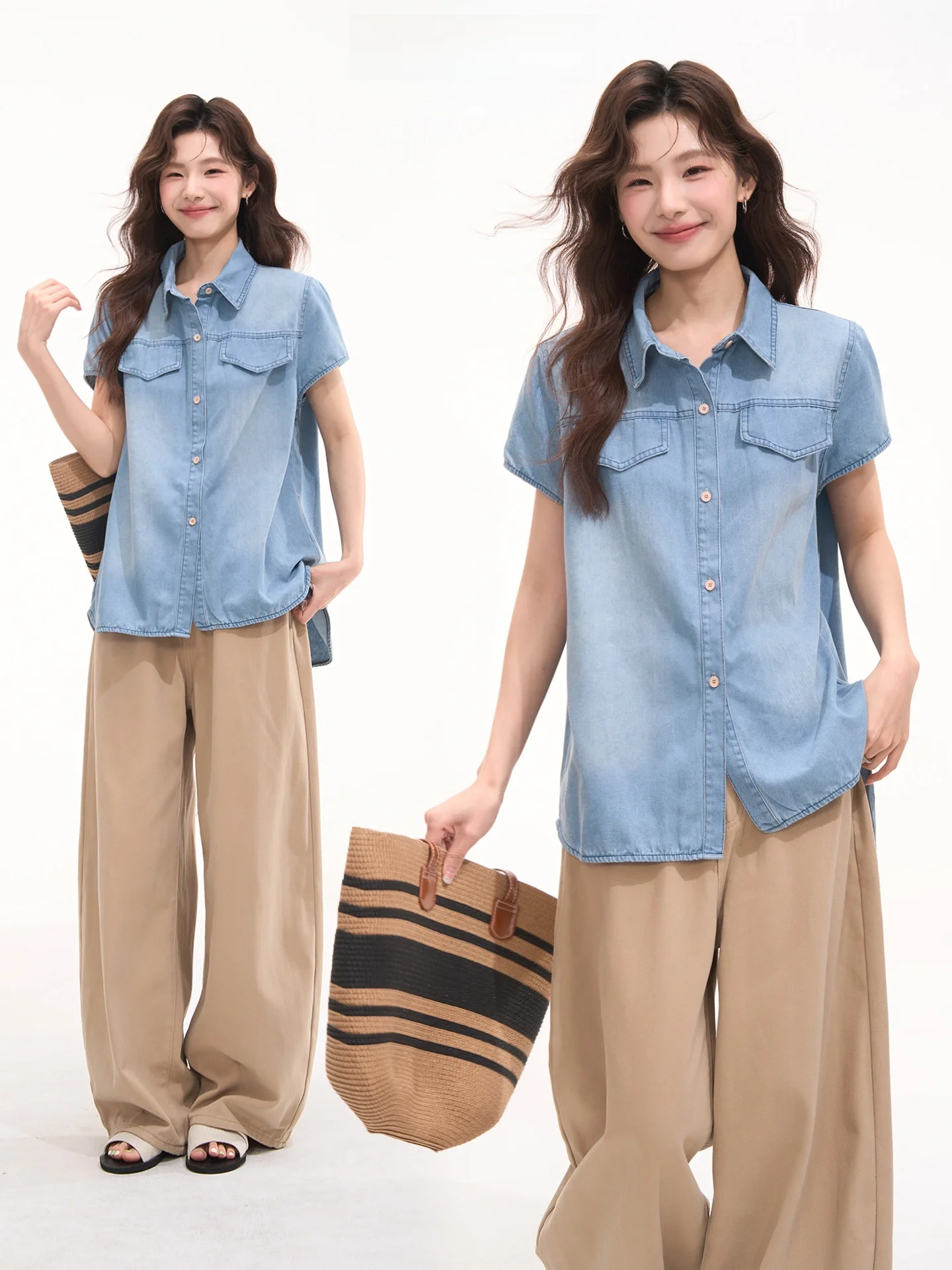 

Свободная женская джинсовая рубашка с коротким рукавом в корейском стиле, летний топ, универсальная повседневная модная блузка с цветочным принтом Heme Half Pint D...