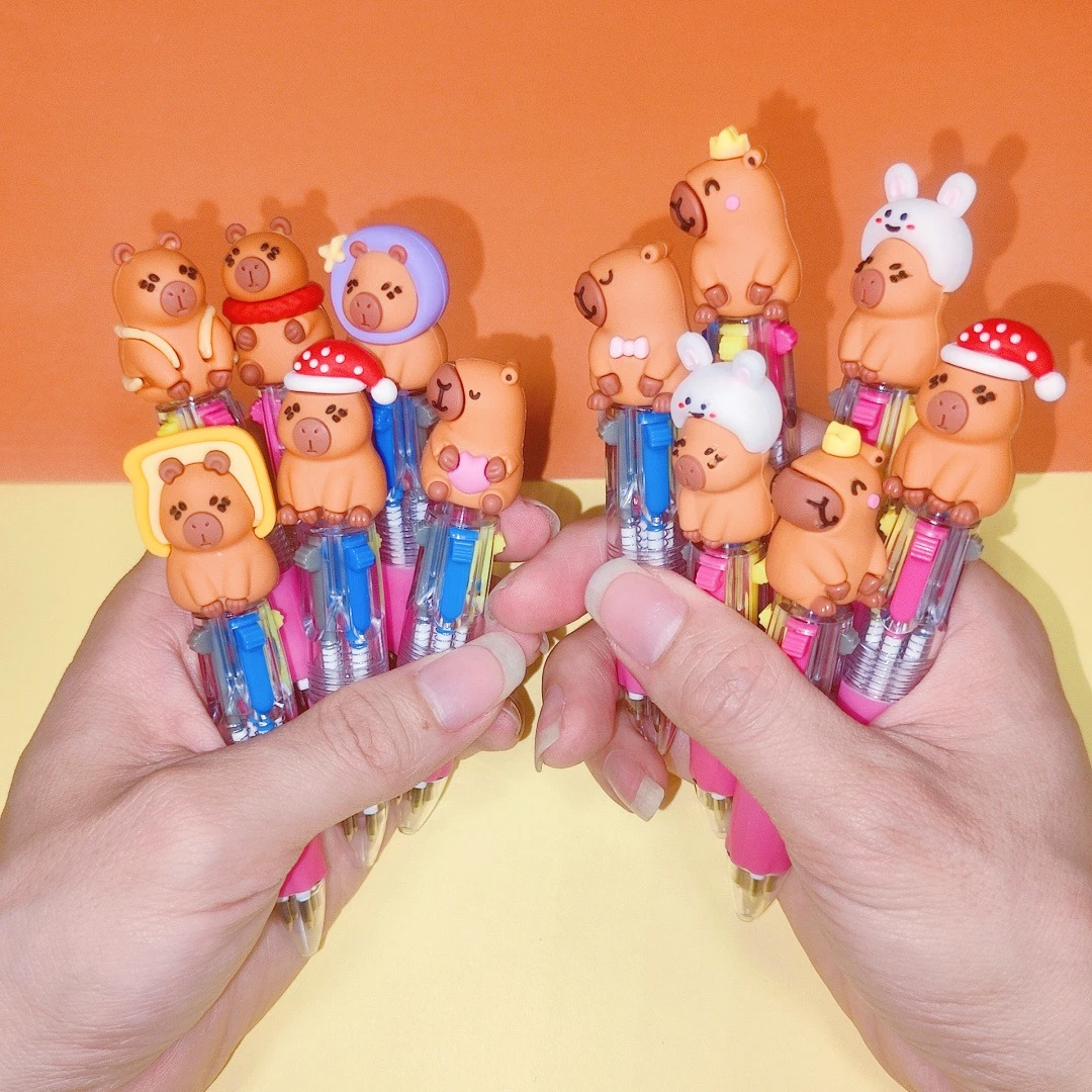 10Pcs/Lot Cute Capybara Mini 4 Colors Ballpoint Pens Kawaii Cartoon Multicolor Pen Kids School Stationery Office Supplies Gifts