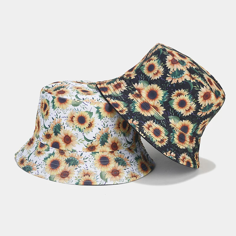 Reversible Sunflower Print Bucket Hat Casual Sun Hat for Women and Girls